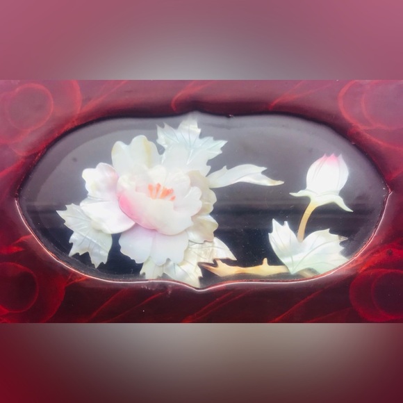 Brown Lacquer with Gold Latch and Mother of Pearl Shadow Box Top Red Inside - Picture 2 of 12